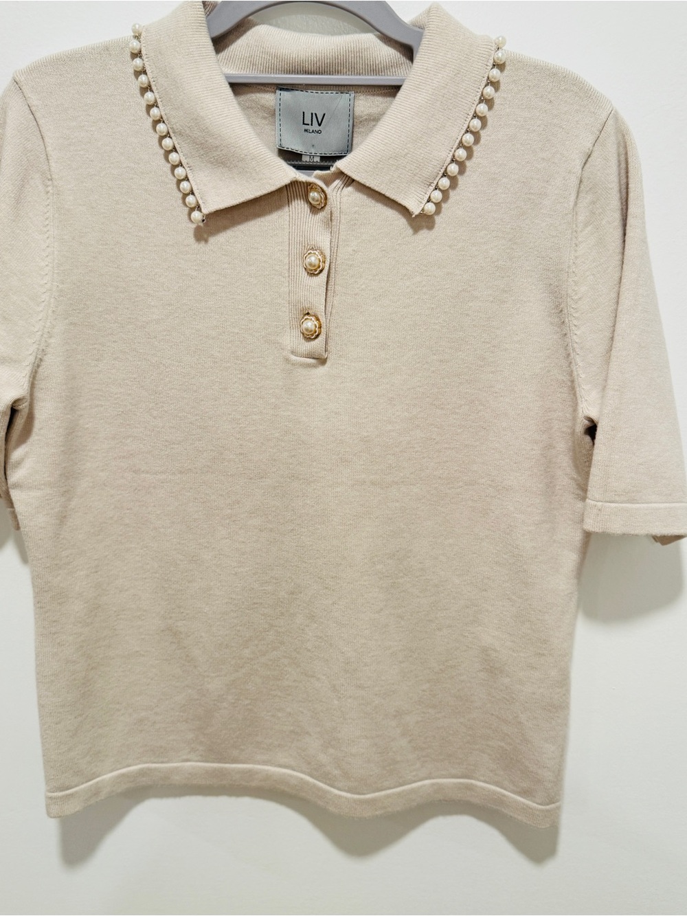 LIV Milano Pearl Embellished Polo Sweater M NWT